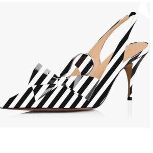 YDN Black Stripe Stiletto Heel Pumps Bow Pointed Toe Slingback Slip on Sandals